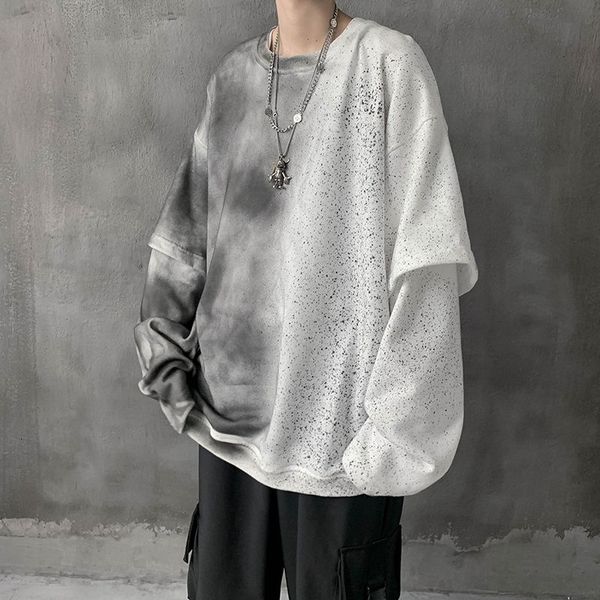 

men's t-shirts korean tie-dye hoodie fashion retro casual fake two-piece sweatshirt men streetwear loose hip-hop pullover hoodies, White;black