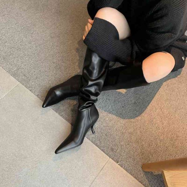 

winter women's shoes pointed toe stiletto leather boots ins fashion style simple knee-high boots pleated boots 210507, Black