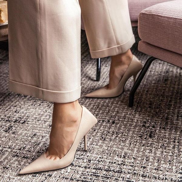 

dress shoes concise pointy high heel pumps beige green black leather shallow party low heels banquet celebrating
