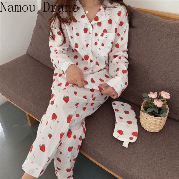 

autumn pants suits women pajamas sweet strawberry print home pijama mujer two-piece suit loose sleepwear 210429, Black;red