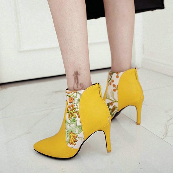 

boots 2021winter spring autumn women ankle color matching pu ladies winter fashion zipper chinese style flower heels, Black