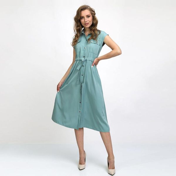 

casual dresses dabourfeel women's solid mouwlless button pocket trekkoord shirt dress summer revers office woon work, Black;gray