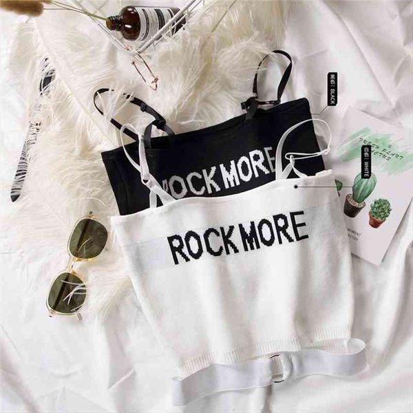 

with belt crop lettering women camis "rock more" spaghetti summer, White