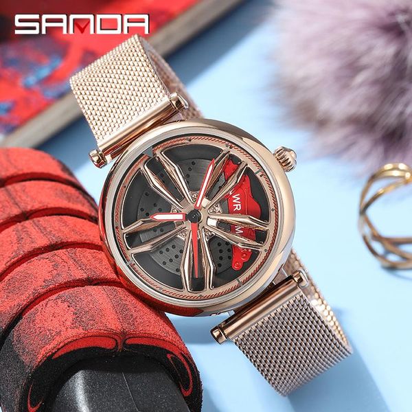 

wristwatches sanda car wheel dial watch men women steel mesh strap creative ladies luxury brand clock military sport dress reloj, Slivery;brown