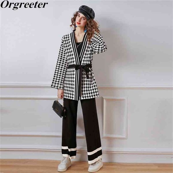 

fashion design houndstooth sweatersuit chic v-neck sashes tie up long knitted cardigan coat and wide leg pants 2 piece sets 210602, White