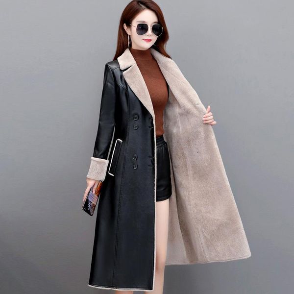 

women's leather & faux women long overcoat winter 2021 fashion lamb fur thicken warm coat lacing belt slim skeepskin outerwear female, Black