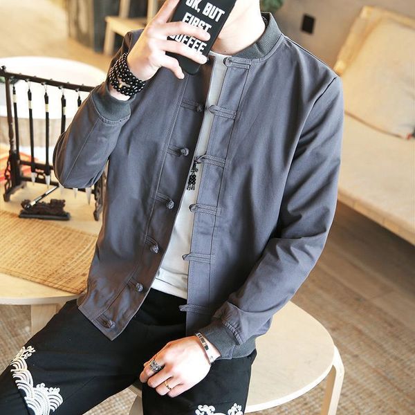 

men's jackets autumn men cotton linen chinese style young men's solid color stand collar pan buckle cardigan long sleeve jacket, Black;brown