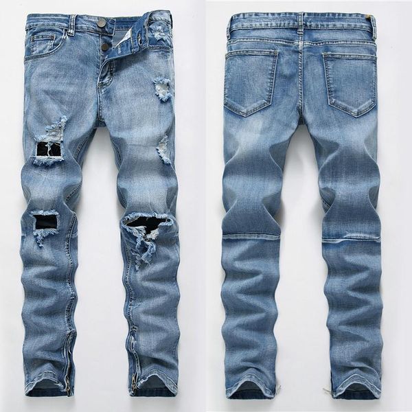 

cotton ripped jeans men's hiphop pants straight denim trousers casual, Blue