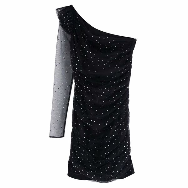 Frauen Sommer Minikleid Langarm Asymmetrische Mesh Dot Rüschen Elastische Büste Mode Weibliche Elegante Sexy Kleider Vestidos 210513