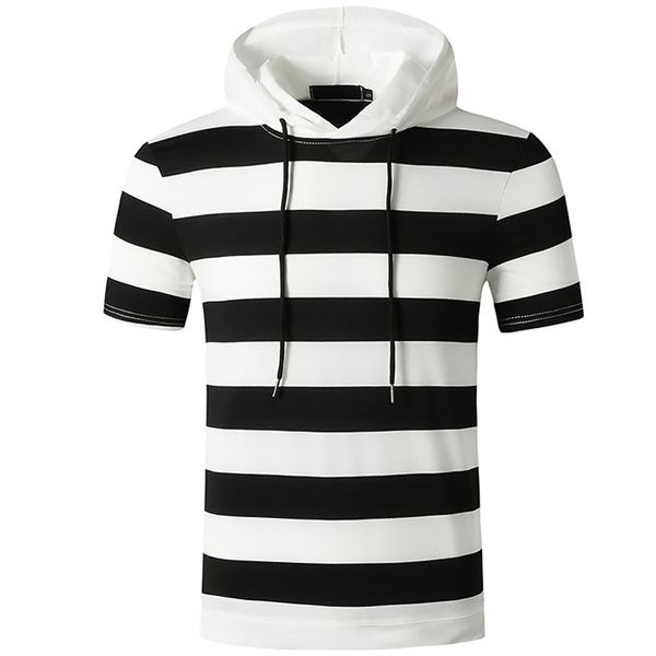 

striped t shirt men workout casual muscle t shirts mens hooded oversized hip hop tee shirt summer harajuku patchwork 210524, Black