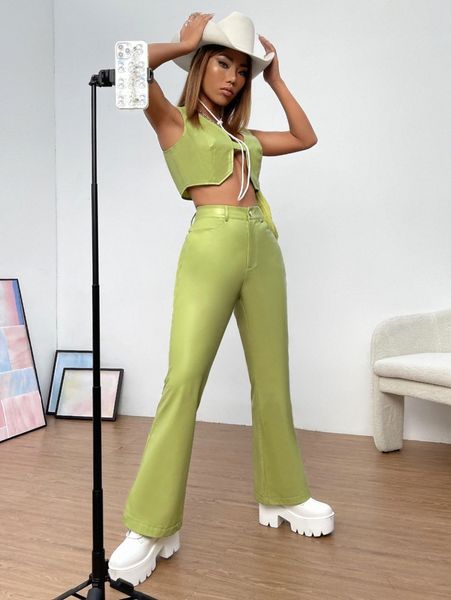 

asymmetrical hem pu tank & flare leg pants p7f5#, White