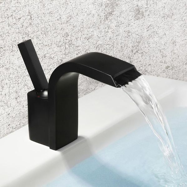 

bathroom sink faucets skowll black brass faucet waterfall deck mounted mixer tap single handle hole lavatory hg-4851