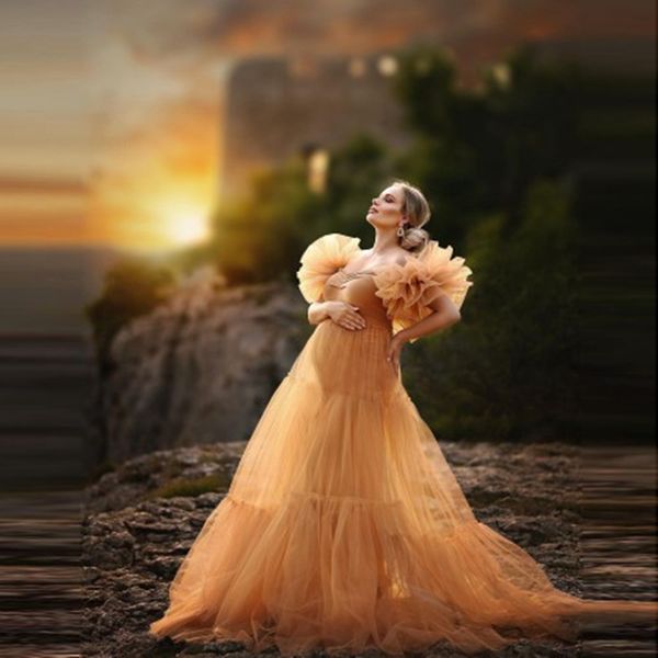 2021 Abiti da sera lunghi sexy di maternità Puffy maniche corte Ruffles Sweetheart Stretch Custom Made Tulle Servizio fotografico di gravidanza Abiti