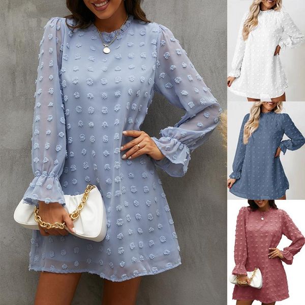 

casual dresses 2021 puff sleeve women dress elegant fashion round neck long solid color loose female autumn white, Black;gray