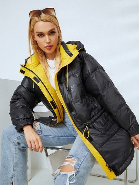 

miegofce letter pattern drawstring detail colorblock winter coat r5yc#, Black