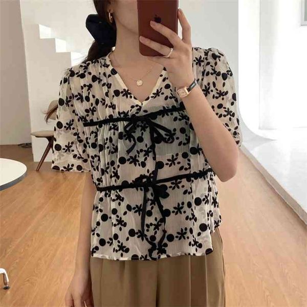 

temperament strappy short-sleeved chiffon shirt women summer korean version loose show thin 210529, White