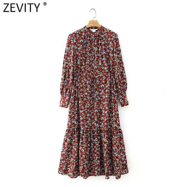 

zevity women elegant floral print pleats chiffon midi dress female long sleeve lace up casual slim ruffles vestidos ds4652 210419, Black;gray
