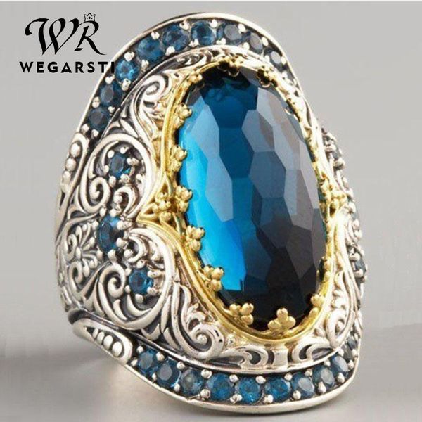 

cluster rings wegarsti blue z for women 925 sterling silver wedding band anniversary dainty ring oval cut gemstone fine jewelry, Golden;silver
