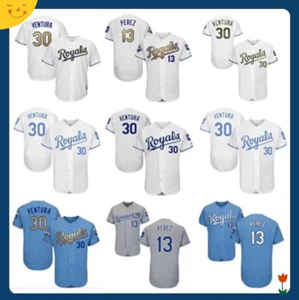

men women youth kc royals jersey #30 yordano ventura baseball wear 13 salvador perez home blue white grey jerseys, Blue;black
