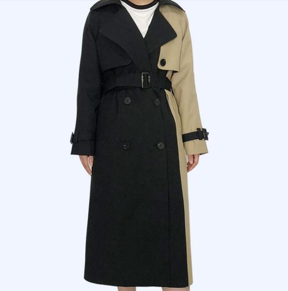 

women's trench coats s--6xl / spring women fashion personalized customization splicing long versatile double-breasted loose coat, Tan;black