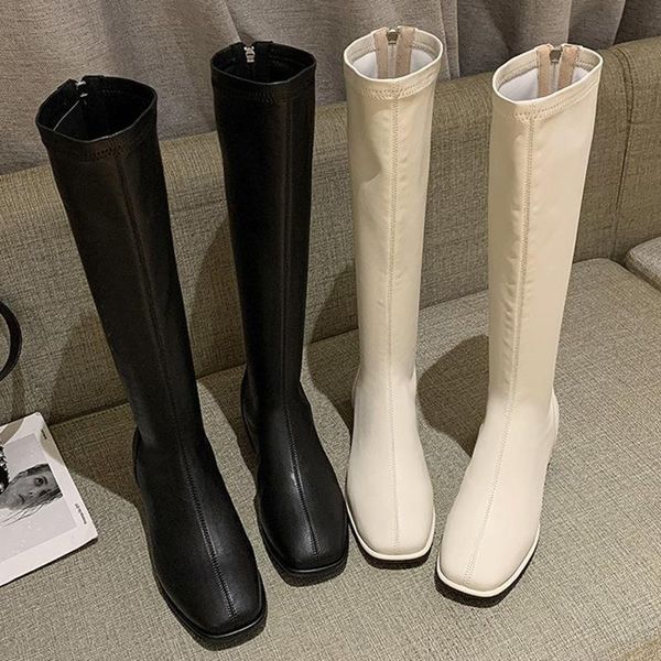 

boots 2021 women knee high female leather fetish knight plus size booties lady low 4cm heels white autumn shoes, Black