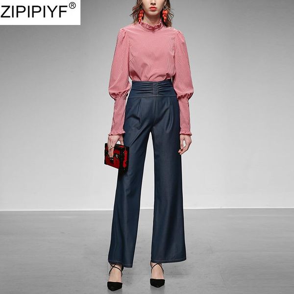

two piece dress 2021 spring summer pant set women stand collar long lantern sleeve plaid slim shirts blouses +wide leg pants suits tracksuit, White