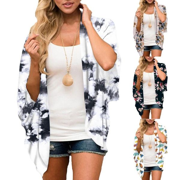 

women's swimwear summer beach dress women middle sleeve print chiffon cardigan loose easy femme baÃ±adores mujer 2021, White;black