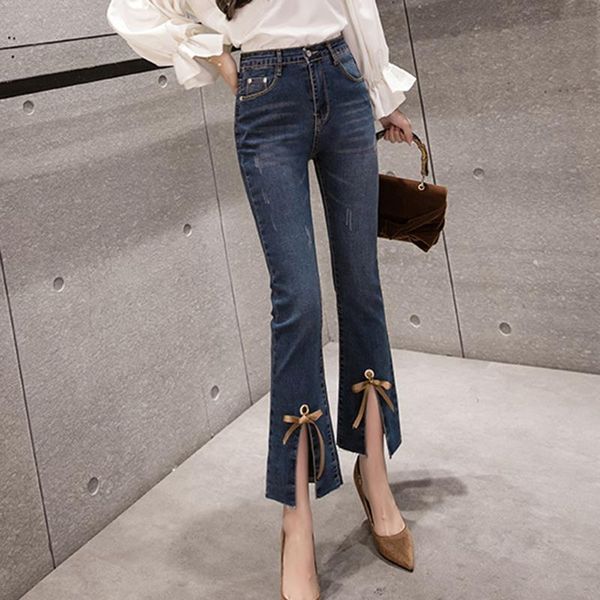 

spring summer high waist womens jeans boot cut pants denim trousers slim elasticity jean ankle length pant, Blue
