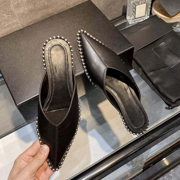 

summer women's sandals pearl fashion one step single slippers beach leisure leather designer flat bottom retro small toe wear pointed, Black