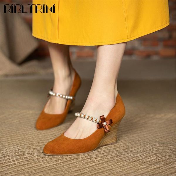 

dress shoes ribetrini 2021 genuine leather pointed toe pearl bowknot marry janes pumps solid elegant high heels brand, Black