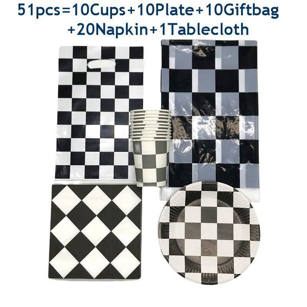 

disposable dinnerware 51-81pcs racing car driving set black and white tableware boy birthday cup plate tablecloth party decoration supplies