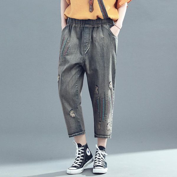 

#0435 women jeans trousers plus size high waist elastic spring autumn holes retro denim calf-length pants female stripe women's, Blue