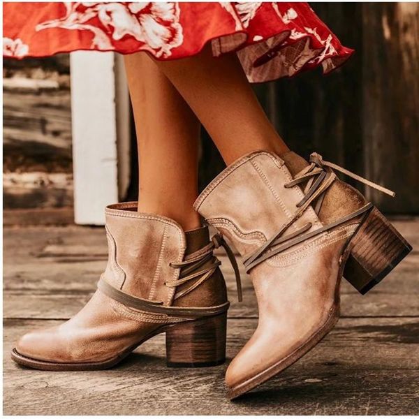 

boots 2021 women plus size ankle winter wipe color pu leather lace up high heel rubber round toe retro ladies square shoes, Black