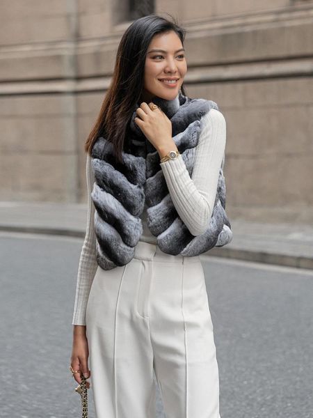 

women's fur & faux european ladies cute chic real chinchilla rex gilet vintage girls waistcoats, Black