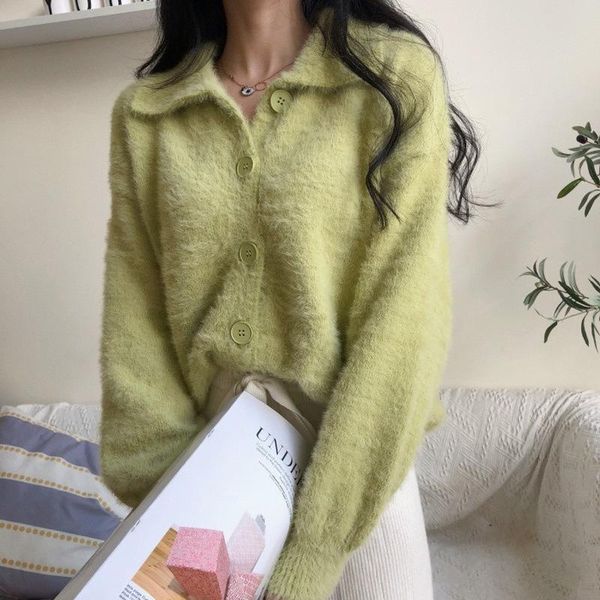 

women's knits & tees autumn knitted sweater cardigan for womens korean lazy style winter loose lapel mink wool warm coat, White