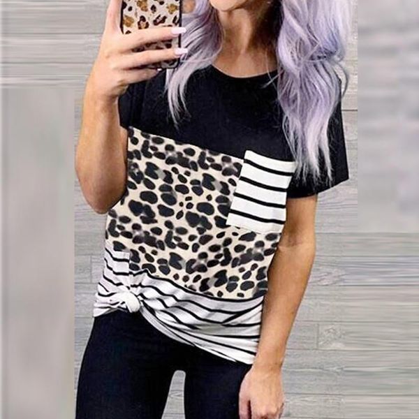 

women's blouses & shirts fashion leopard striped pocket blouse shirt print o-neck casual summer ladies female women short sleeve blusa, White
