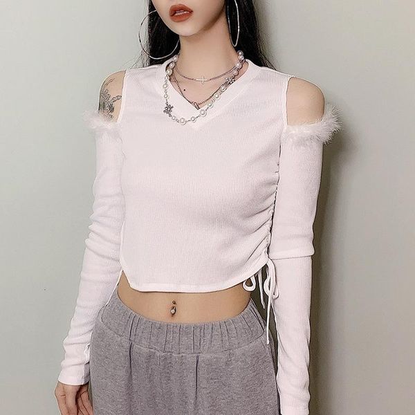 

women's t-shirt european and american product long-sleeved v-neck strapless drawstring slimming fashion all-match women omnp, White