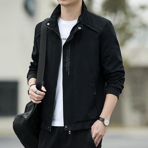 

men's jackets spring and autumn polyester tooling jacket casual simple solid color fashion personality embroidered durable coat, Black;brown