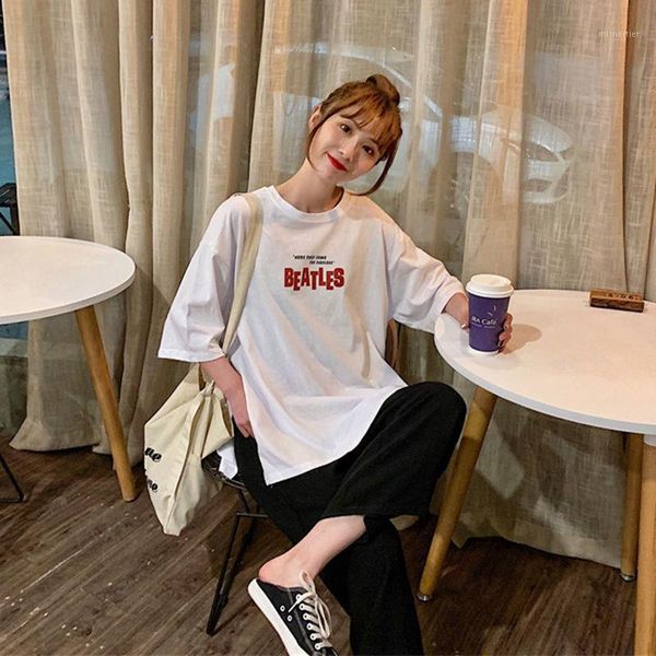 

women's t-shirt single / suit summer female student korean loose short sleeve casual black wide leg pants two piece set, White
