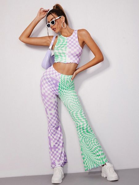 

checked and letter graphic lettuce trim tank and pants set b3hr#, White