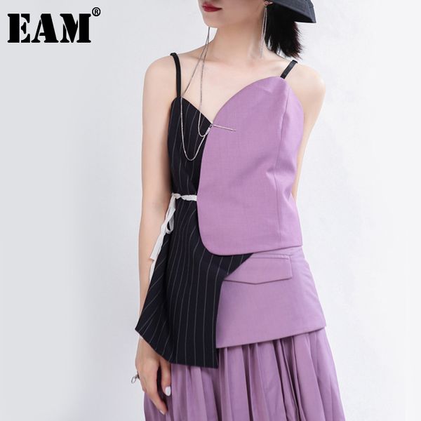 

[eam] women purple blue striped asymmetrical camis v-collar sleeveless personality fashion spring autumn 1t977 210512, White
