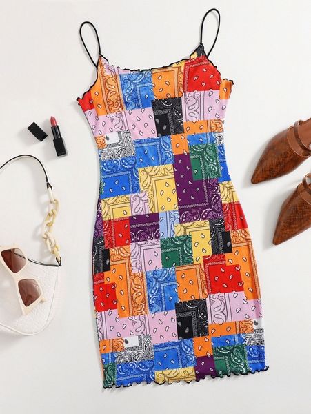 

plus patchwork print lettuce trim bodycon dress l03w#, Black
