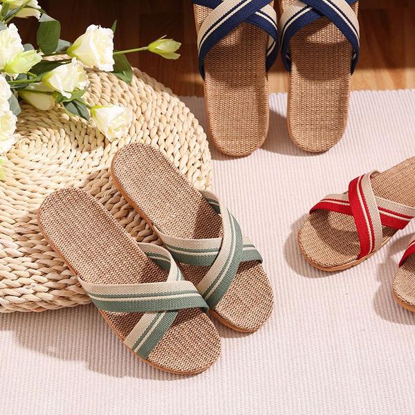 

slippers 2021 soft flax home female male indoor mute slides anti-slip spring summer shoes woman men house floor sh347, Black