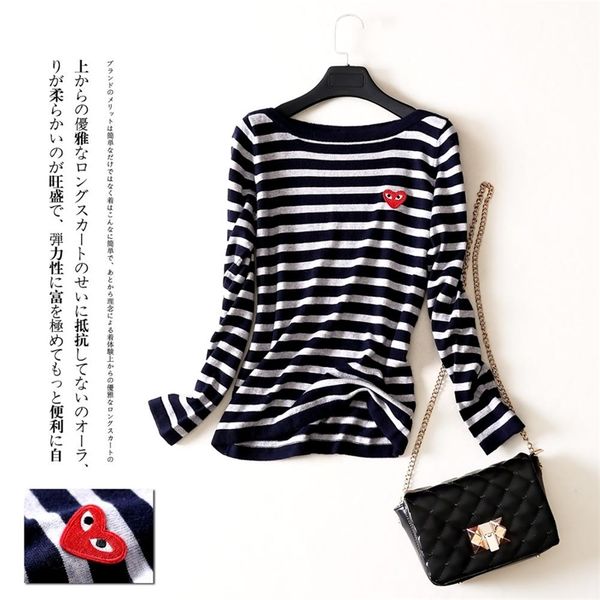 

cashmere women stripes sweater spring and autumn long-sleeved slim embroidery peach heart sweater 210811, White;black