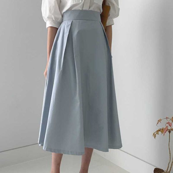 

summer women solid color office ol high waist skirts elegant retro big swing midi skirt faldas mujer 210526, Black