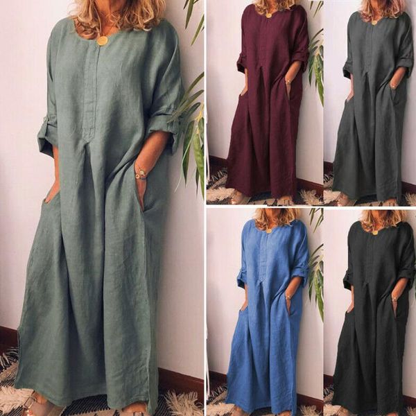 

casual dresses arrival women oversize long maxi dress linen full length sleeves kaftan dsa, Black;gray