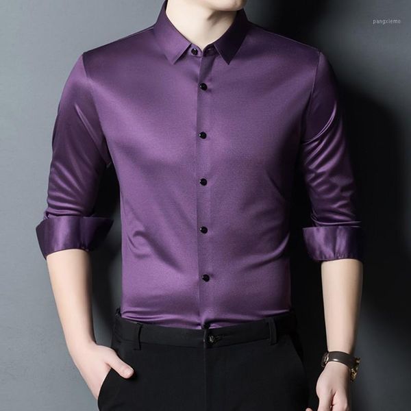 

elegant fashion gentleman ice silk dress shirts mens purple satin wedding stylish work oversize clothing blue blouse men's casual, White;black