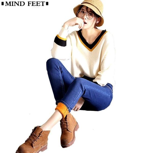 

women's jeans women velvet stretch slim plus size elastic waist skinny denim pants female warm casual pencil winter, Blue