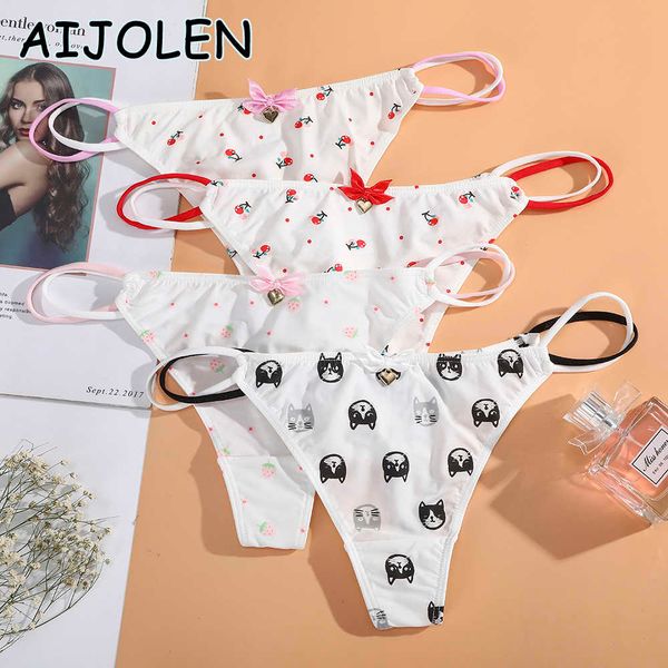 Aijolen Bow nó de morango cuecas cuecas brancas impresso fina fina tanga e sexy senhoras um tamanho calcinha g string underwear Y0823