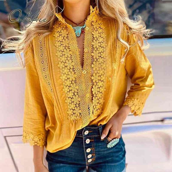 

summer women lace shirt yellow loose casual beach blouse 210415, White